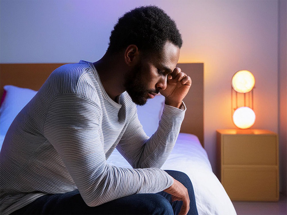 upset man sitting alone on end of his bed