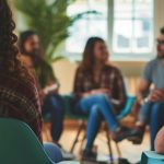 recovery group sitting in blue chairs