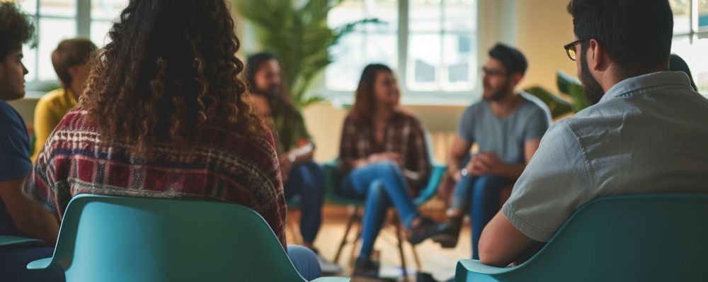 recovery group sitting in blue chairs