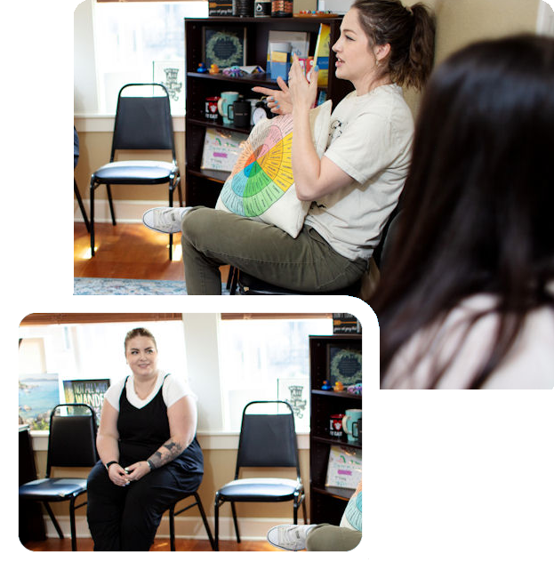 woman sitting in a chair and holding a emotions pillow in group therapy at Crestview Recovery