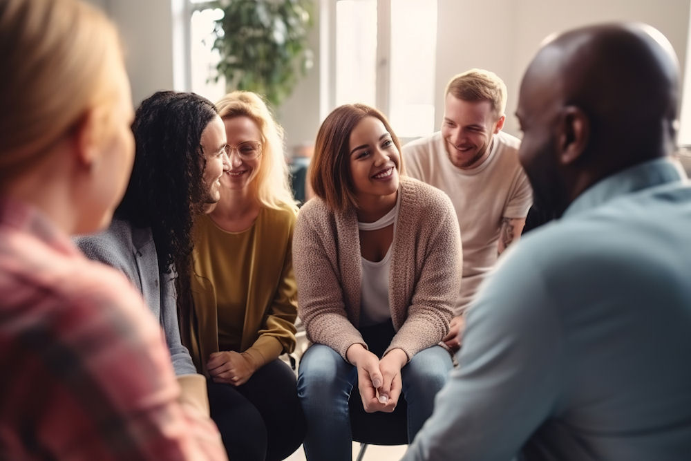 group of happy people in recovery